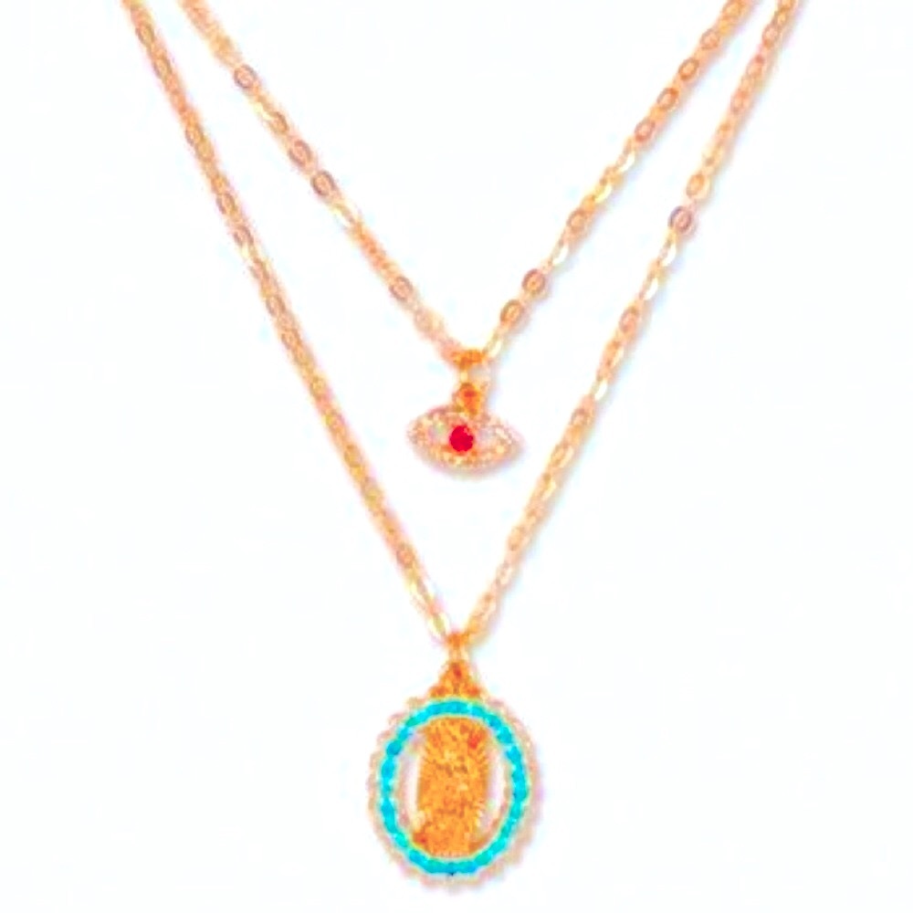 Multi Layer Ruby Mayan Eye 👁 With An Aztec Spiritual Pendants On Gold Necklace